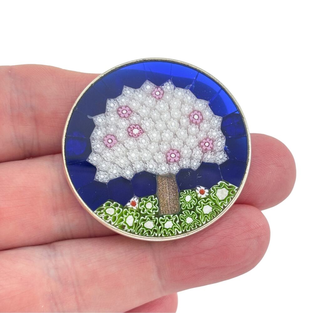 Vintage Sterling Silver 925 Millefiori Glass Tree Brooch